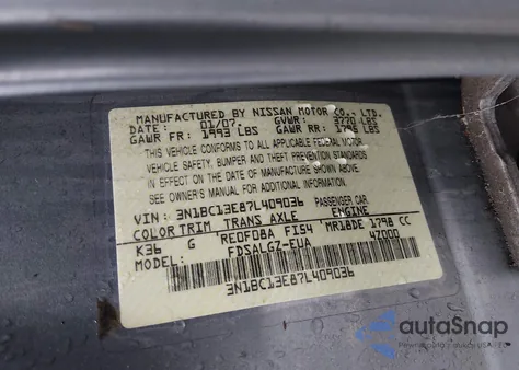 2007 Nissan Versa 1.8Sl z USA, uszkodzony, nr VIN 3N1BC13E87L409036